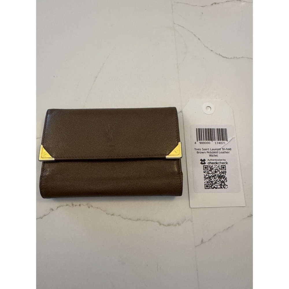 YSL Brown Slim Bi-Fold Wallet With Gold Hardware And Kiss Lock Coin Pouch - COA - Picture 1 of 6